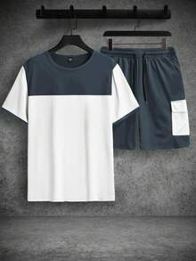 Manfinity Homme Men's Contrast Color Round Neck Short Sleeve T-Shirt And Drawstring Waist Shorts Casual Set Men S 2 Piece Tee - Multicolor - View 4