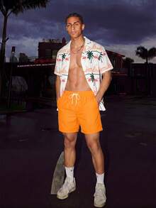 Manfinity KASUA Conjunto casual de playa para hombres con camisa de manga corta y pantalones cortos, minimalista y de moda para uso diario, bañador hawaiano - Naranja Coral - Ver 6