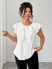 SHEIN Clasi Plus Size Women's Elegant Brown Round Neck Ruffle Top, Casual Summer Top, Versatile Work Gym Daily Wear - White - View 8