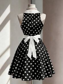 Fine & Folde Sleeveless Waist Splicing Polka Dot A-Line Elegant Romantic Sophisticated Ladies Dress - Black and White - View 2