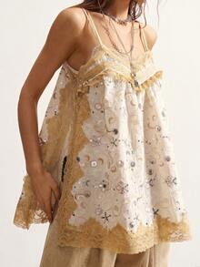 Bohemela Boho Vacation Casual Woven Fitted Camisole Top For Women White And Blue Floral Summer - Apricot - View 7