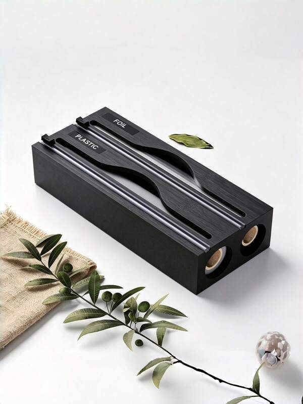1PC  Bamboo Foil Wrap Dispenser 2 Compartment Storage Box With Cutter Natural Color For Kitchen Pantry Organization School College Dorm Essential  Household Gadgets