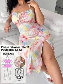 SHEIN EZwear 大码优雅印花开衩吊带连衣裙，夏季 - 彩色 - 查看 1