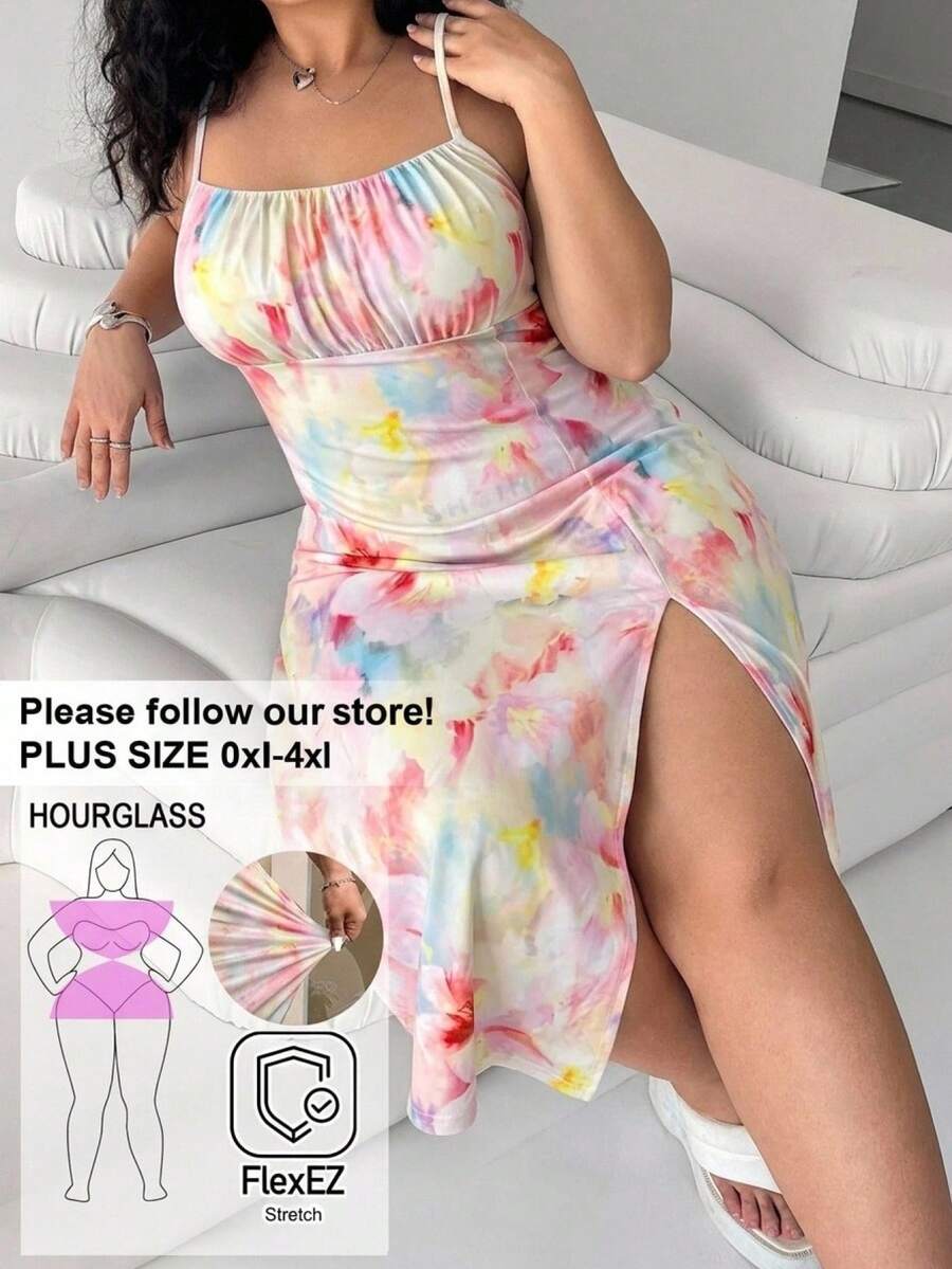 SHEIN EZwear 大码优雅印花开衩吊带连衣裙,夏季 - 彩色 - 查看 1