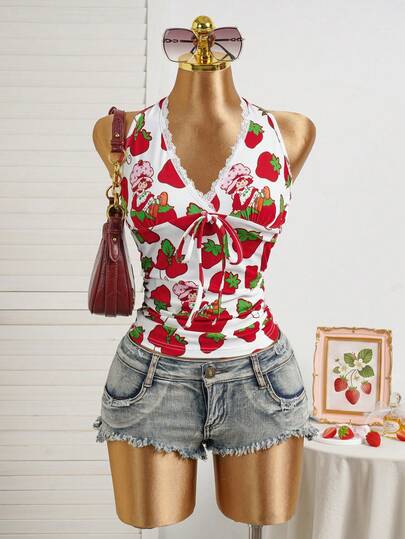 Strawberry Shortcake X SHEIN Women's Strawberry Print Halter Neck Tank Top