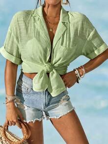 Swim Vcay Women's Simple Solid Color Front Button Short Sleeve Kimono Cover Up, Suitable For Summer Vacation - Olive Green - View 3