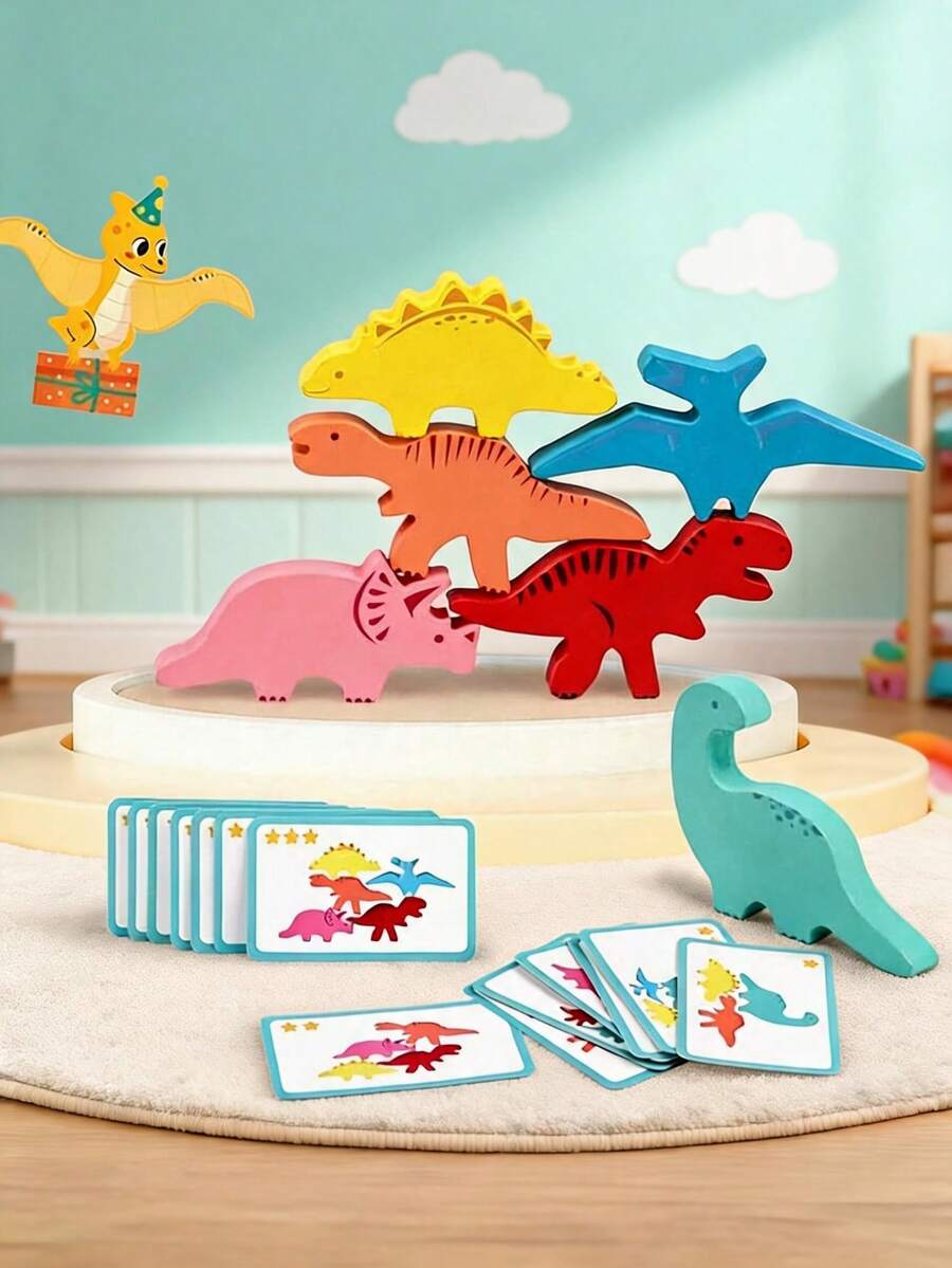 MINKOJA Wooden Dinosaur Stacking Game Fun Board Game, Kids Educational Early Learning Toy, Helps Train Observation And Practical Ability, Cultivate Hand-Eye Coordination And Balance Sense, STEM Educational Toy