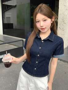 DAZY 女款韓式修身休閒牛仔上衣，夏季 - 藍色 - View 8
