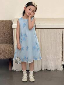 DAZY Young Girl Floral Embroidery Bow Decor Round Neck Sleeveless Dress - Blue - View 3