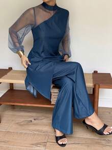 Livesso Women's Asymmetric Hem Mesh Lantern Sleeve Top And Jeans Set, Brunch Swimming Style, Pastal, Elegant Sexy Autumn Outfit - Blue - View 3