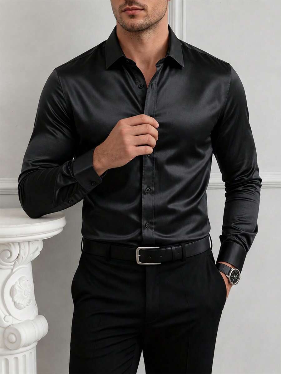 Core Aspect Men's Textured Design Casual Business Long Sleeve Shirt Silk Shirts Satin Men Shirt Luxury Shirts Black Dress Shirt For Old Money,Daily Leisure, Weekend Trips, Outdoor Activities, Travel Expeditions, Relaxed Work Environments Or Semi-Formal Occasions,Boyfriend/Husband Gift, Anniversary Gift Christmas - Black - View 1