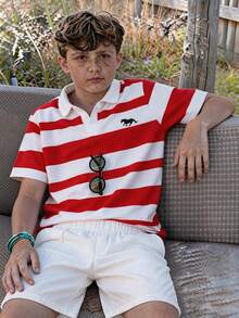 SHEIN 2pcs/Set Teen Boy Casual Color Block Polo Shirt & Shorts Set,Summer,Beach Resort Wear Preppy Two Pieces Outfit,Suitable For Schooling & Daily Wear - Multicolor - View 7