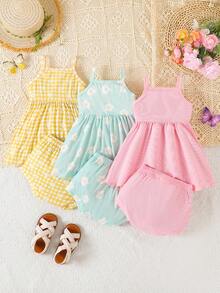 SHEIN Playful Pals 宝宝夏季必备！甜美碎花吊带连衣裙+三角短裤两件套，清新配色，适合日常穿着和外出。 - 彩色 - 查看 2