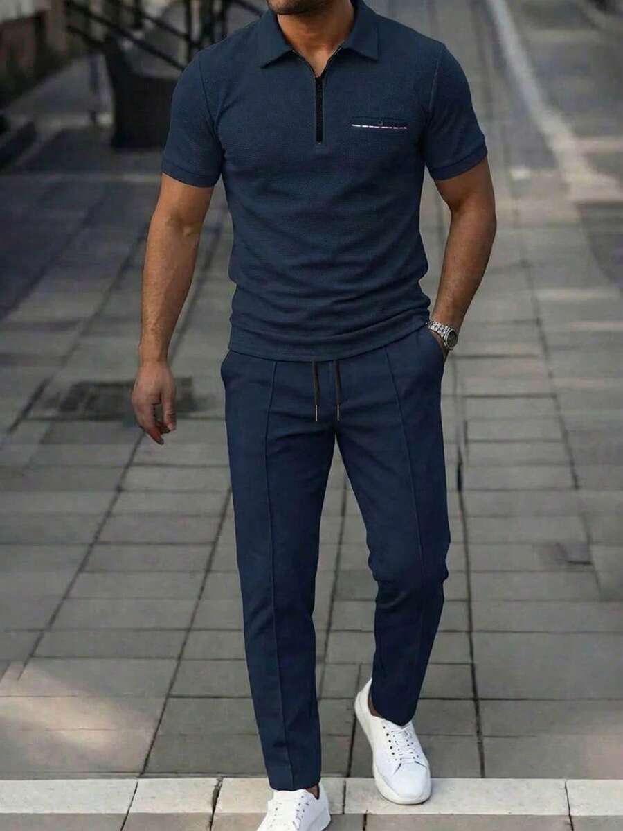 Manfinity Homme 男士短袖拉链 Polo 衫和长裤休闲通勤套装,蓝色两件套,男士休闲两件套,蓝色男士夏季运动套装,男士经典款,日常休闲,周末旅行,户外活动,探险旅行,轻松的工作环境或半正式场合,男友/丈夫礼物,周年纪念/生日礼物,派对,夏季假期,婚礼,春夏,狂欢节,男士休闲短袖 Polo 衫,拉链领商务高尔夫上衣 - 藏蓝色 - 查看 1