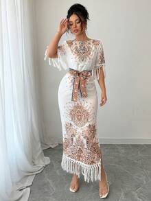 Rafferiza Round Neck Side Slit Hem Print Long Dress For Women - White - View 5