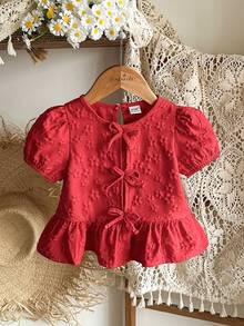 SHEIN Vintaside Kids 女婴衬衫，采用独特的印花面料，乡村度假风格，可爱时尚，适合春夏穿着，带有蝴蝶结装饰。 - 紅色 - 查看 4