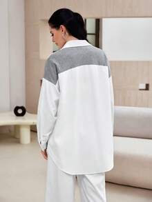 Mulvari Women's Gray White Splice Long Sleeve Blouse, Loose Fit Casual Shirt For Work Office Autumn - White - View 2