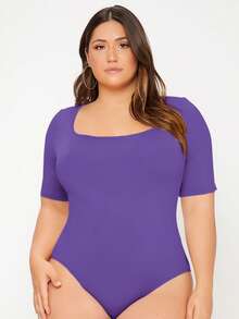 SHEIN BASICS 大码女式纯色方领短袖休闲连体衣 - 黃色 - 查看 1