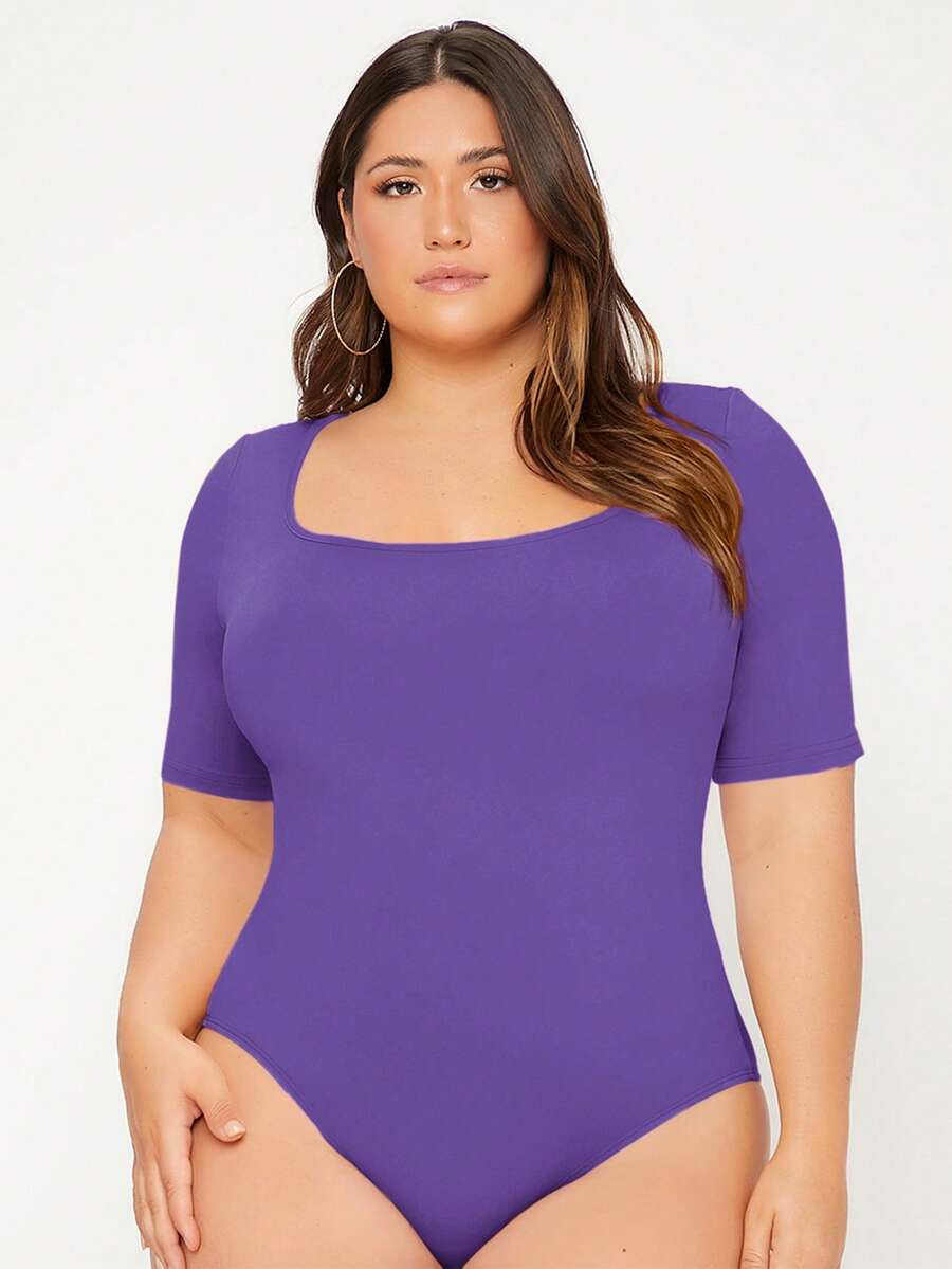 SHEIN BASICS 大码女式纯色方领短袖休闲连体衣 - 黃色 - 查看 1