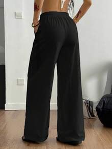 SHEIN Tall CURVE 大码女式休闲抽绳腰宽松阔腿裤，纯色，适合日常通勤 - 黑色 - 查看 8