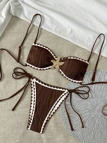 Swim Basics 女款泳裝套裝，夏季新款純色，海洋金屬配件，紋理面料，易穿脫，流蘇設計性感比基尼套裝 - 棕色 - 查看 1