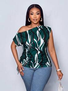 SOLERSUN Blusa asimétrica de hombro con cordón y fruncido lateral con estampado geométrico, talla grande para mujer, estampado aleatorio, blusa de un solo hombro - Multicolor - Ver 2