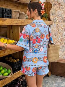 Louniche Light Blue Floral Two Pieces Set,Summer Boho Short-Sleeve Blazer & Shorts,Beach Vacation Holiday,Gold Button Accents,Colorful Prints Casual Outfits - Multicolor - View 2