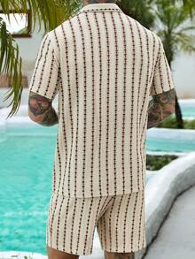 VENTUSAIL 2 Pcs/Set Men's Blue And White Stripe Button-Down Hollow Shirt And Shorts Set,Tropical Vacation,Summer Seaside Beach Casual Wear Daily Leisure Holiday - Multicolor - View 2