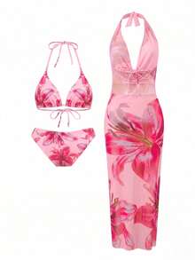 Sirith 3pcs/Set Premium Printed Spaghetti Strap Halter Bikini Top, V-Cut Bottoms & Long Flowy Printed Mesh Cover Up - Multicolor - View 4