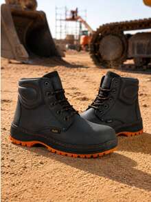 Genuine Leather Pleg Working Boot With Steel Helmet - Negro con Naranja - View 2