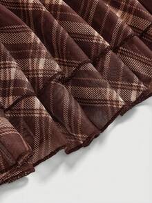 ROMWE J-Fashion Đầm ngắn xòe họa tiết kẻ caro cổ điển ngọt ngào dành cho nữ - Màu Khaki - Xem 5