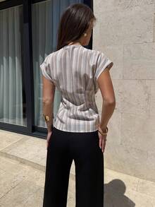 Firerie Women's Elegant Smart Casual White Stripe Summer Blouse, Holiday Vacation Cotton Ruched Waist Metal Button Fitted Shirt For Commuting Work Tea Party - Apricot - View 2