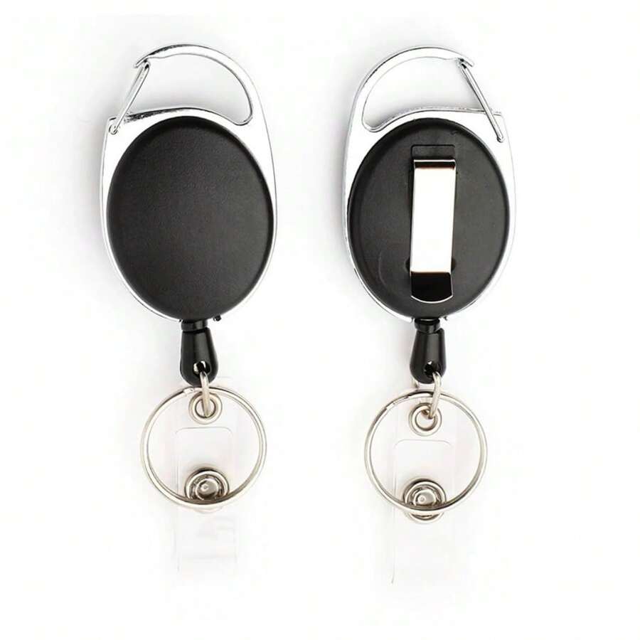 Metal Retractable Zinc Alloy Lanyard & Keychain Clip With Customized Pu Leather Id Badge Holder For Work Id Card, Credit Card, Access Control Card And More, Anti-Lost Oval Shape Design Retractable ID Name Badge Holder Reels Back To School - Black - View 1