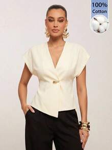 Silquee Elegant Cream White V-Neck Batwing Sleeve Fitted Top,Semi Formal Summer Blouse For Women,Perfect For Work,Office,Vacations And Social Occasions - Apricot - View 7