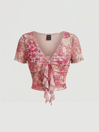 SHEIN MOD Plus Size Pink Floral Print T-Shirt With Ruffle Trim Shoulder Straps And Front Twist Detail, Suitable For Summer Wear As Outerwear, Plus Size Top Or Sexy Top,Tops For Women,Blouse Tops,Boho Womens Clothing Tops,Tops For Summer,Vacation Outfits Women,Boho Chic