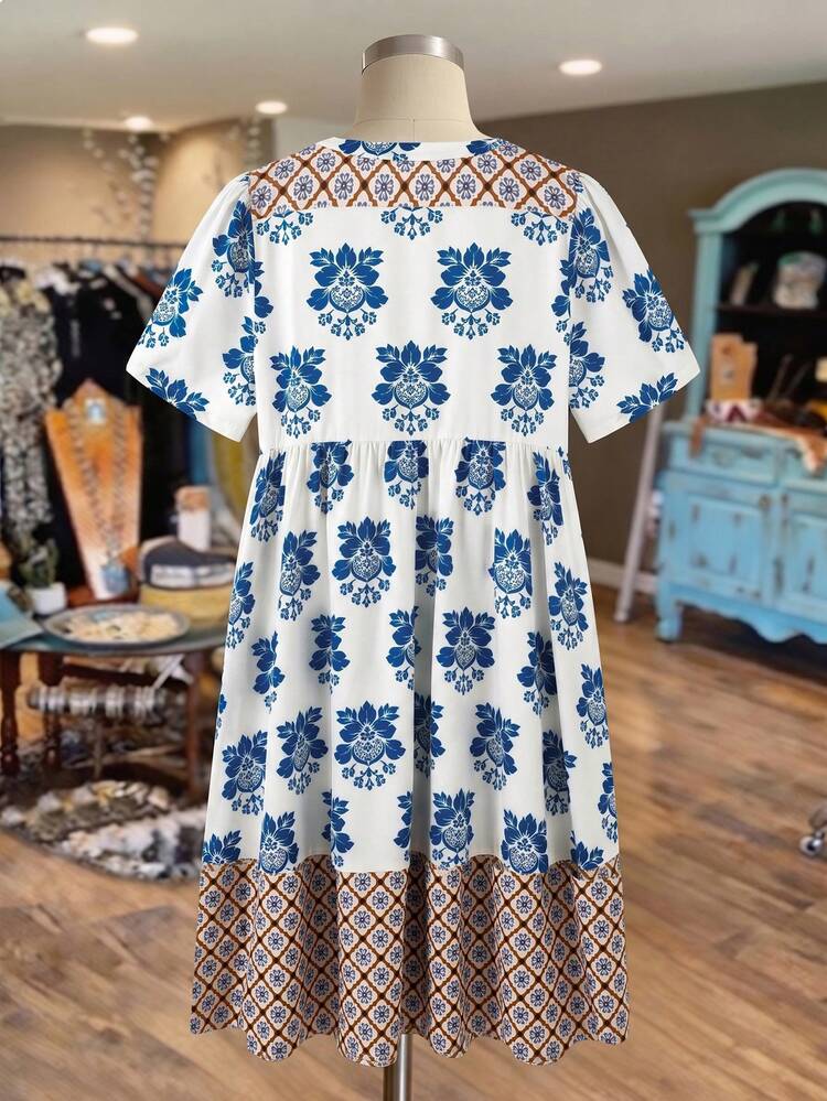 Plus Size Notched Neck Short Sleeve Vintage Print Loose Summer Dress Beach Outfit For Women