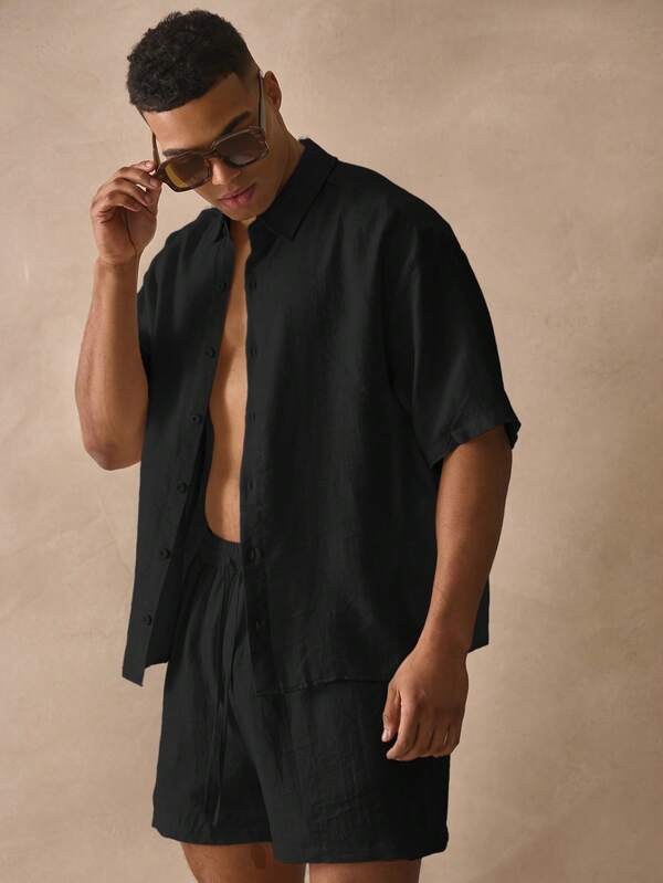 Musero Short Sleeve Boxy Button Through Collared Drop Shoulder Linen Shirt Spring Summer Holiday Essentials Beachside