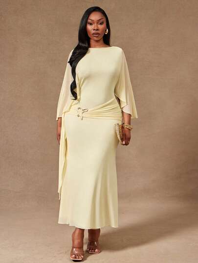 Radiana Váy maxi nữ size lớn mùa xuân & hè thanh lịch màu ngà phong cách nữ thần với tay áo choàng, eo nhún & phụ kiện kim loại hình trái tim vàng điêu khắc, dáng dài chạm sàn mềm mại, váy maxi mùa xuân/hè, váy thanh lịch lãng mạn, đầm dạ hội chính thức, đêm gala, váy mùa hè, váy mùa hè cho nữ, trang phục mùa xuân cho nữ, trang phục ngày Valentine, váy đi biển, trang phục đi biển, phong cách lễ hội cho nữ 2026, váy tiệc, váy tiệc thanh lịch cho nữ, váy khách mời đám cưới cho nữ, váy thanh lịch cho nữ, đi nghỉ dưỡng