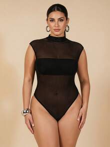 SHEIN BAE CURVE 大码女式纯色网纱拼接性感连体衣 - 黑色 - 查看 4