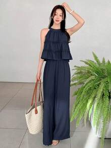 DAZY Conjunto de 2 piezas para mujer con top sin mangas con volantes y pantalones de pierna ancha en color azul marino liso para primavera y verano - Azul Marino - Ver 4