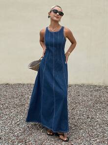 Livesso Đầm denim nữ màu xanh nhạt cổ điển, phối eo, phong cách tối giản, thanh lịch, thích hợp cho kỳ nghỉ, đi biển hoặc đi làm, dáng suông, mùa xuân và hè. - Rửa tối - Xem 4