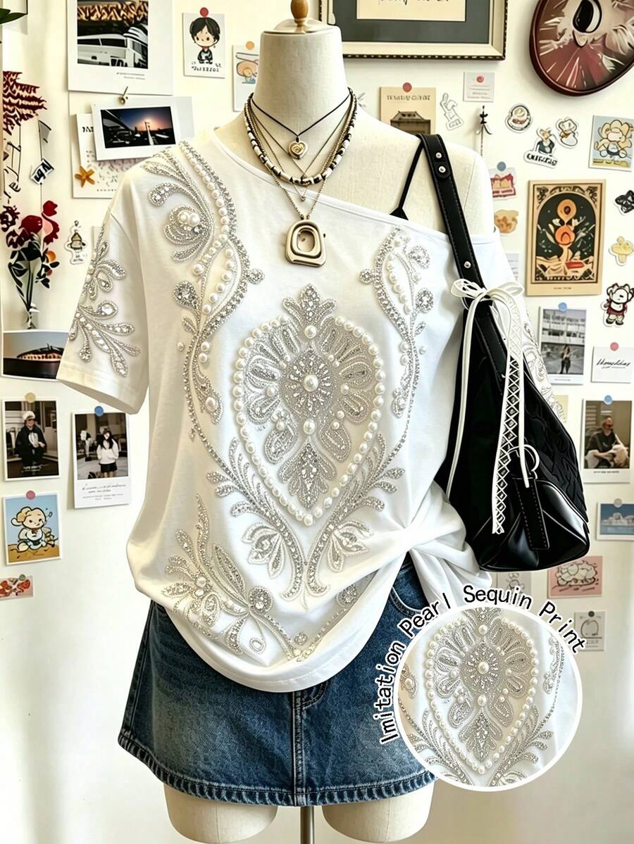 Lalippa 女款白色單肩T恤,仿珍珠與水鑽刺繡上衣,休閒寬鬆版型,短袖,Y2K夏季街頭風優雅上衣 - 彩色 - 查看 1