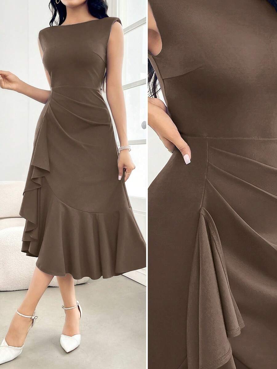 Modelyn Women's Solid Color Boat Neck Ruffle Hem Elegant Dress - Coffee Brown - View 1
