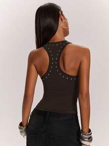 SHEIN BAE Black Metal Studded Eyelet Racerback Tank Top,Silver Sequin,Summer,Boyish,Music Festival,Casual Western Road Trip Outings,Clubs,Parties,Carnivals Tops - Coffee Brown - View 2