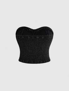 ROMWE Dark Punk Rivet Decor Sexy Cropped Denim Top, Versatile Black Plus Size Date Night Summer - Black - View 2