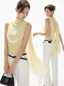 Feyla Women's Elegant Romantic Solid Color Lapel Sleeveless Blouse, Summer Wedding Tea Party Day Party Yellow - Apricot - View 3