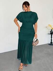 Firerie Plus Size Women's Elegant Dark Green Autumn Wedding Guest Dress,Delicate Sheer Mesh 2 In 1 Charming Extra Long Maxi Party Dress - Green - View 8