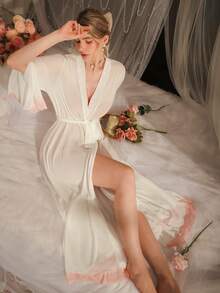 DelicateAllure Lace-Up Sheer Mesh Long Robe For Women, Romantic Countryside Chic Autumn, Comfortable Contrast Color Pink & White - White - View 4