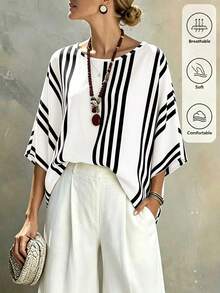 SHEIN Holidaya 春夏新款高端法式圆领条纹优雅女式衬衫，女士春夏衬衫，女士度假衬衫，短袖上衣，春季服装，夏季穿搭，女士条纹上衣，女士春夏衬衫，度假服饰 - 黑與白 - 查看 1