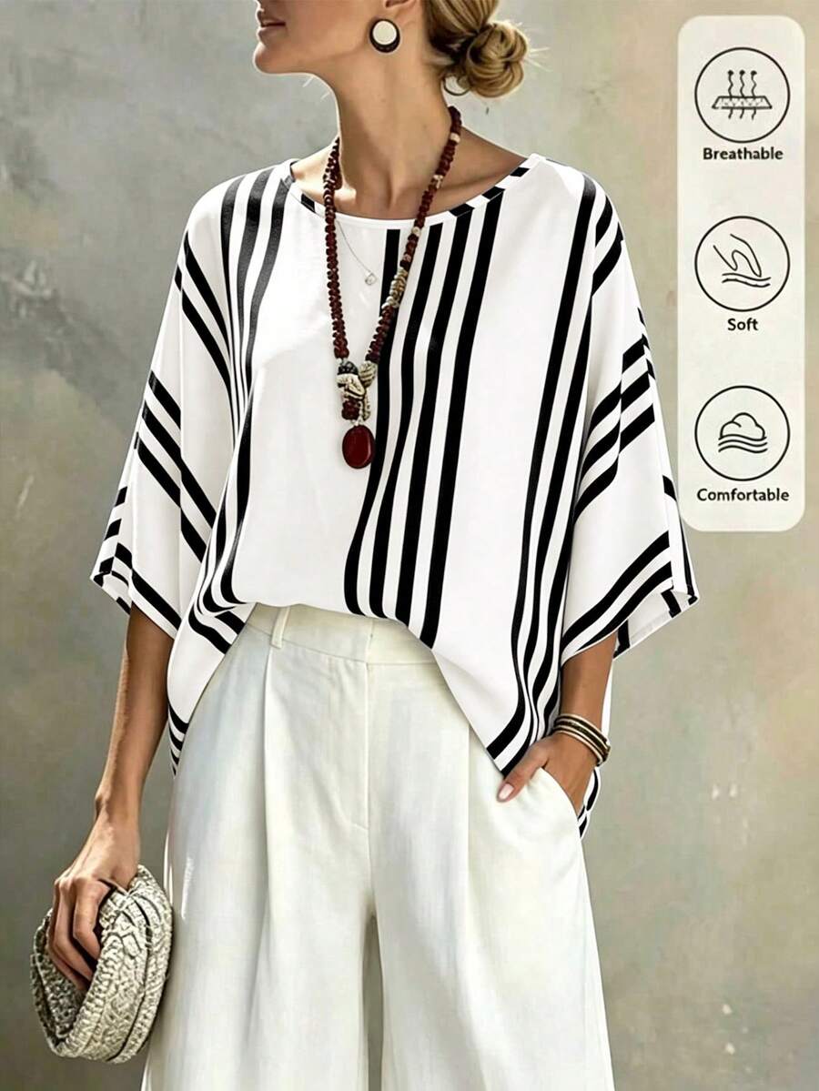 SHEIN Holidaya 春夏新款高端法式圆领条纹优雅女式衬衫,女士春夏衬衫,女士度假衬衫,短袖上衣,春季服装,夏季穿搭,女士条纹上衣,女士春夏衬衫,度假服饰 - 黑與白 - 查看 1